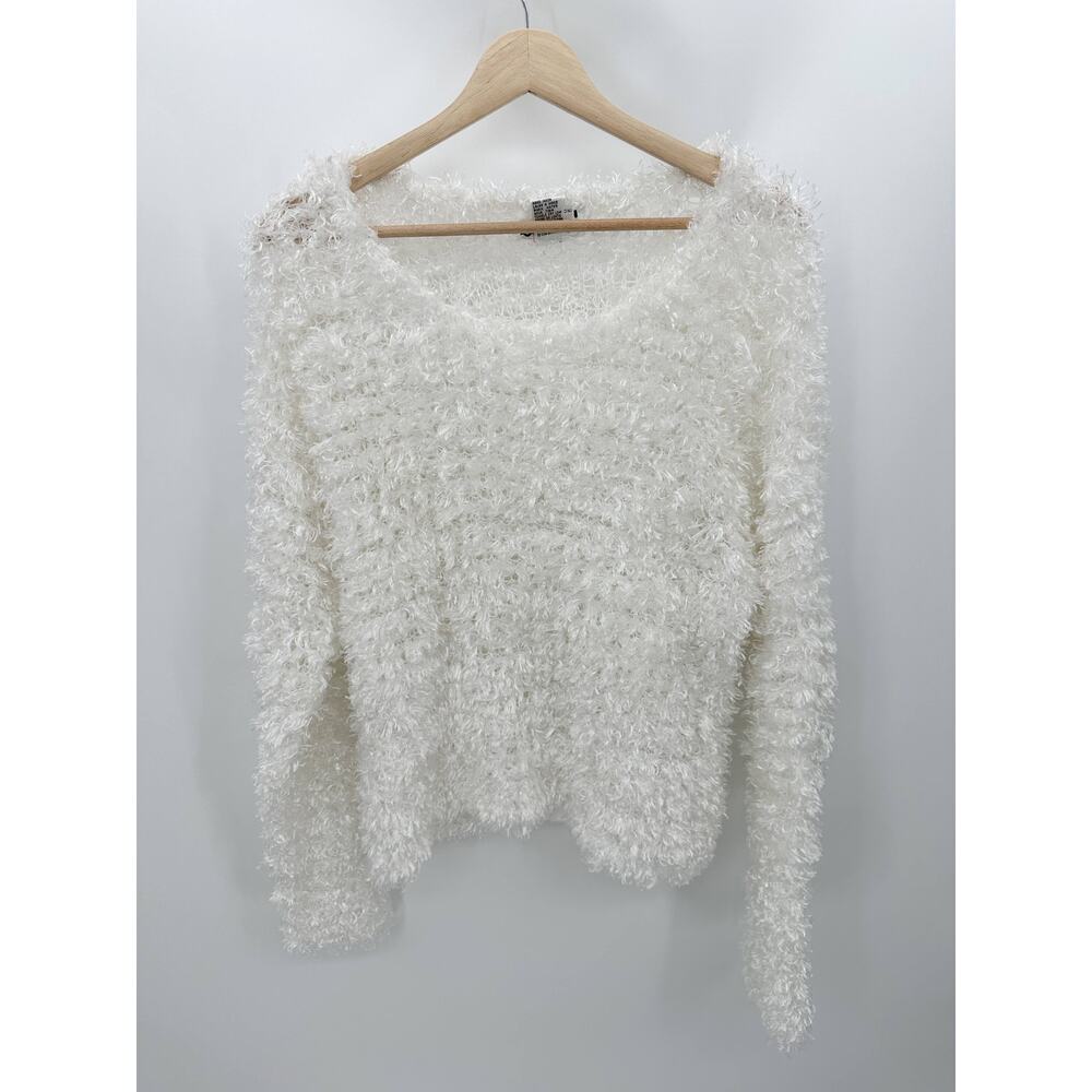 Effect Sweater Women LARGE White Stretch Long‎ Sleeve Round Neck Pullover Knit